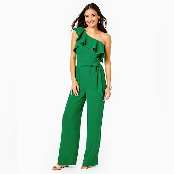 Lilly Pulitzer Lyra One-Shoulder Jumpsuit Style 003347 Fern Gully Green - Picture 1 of 8